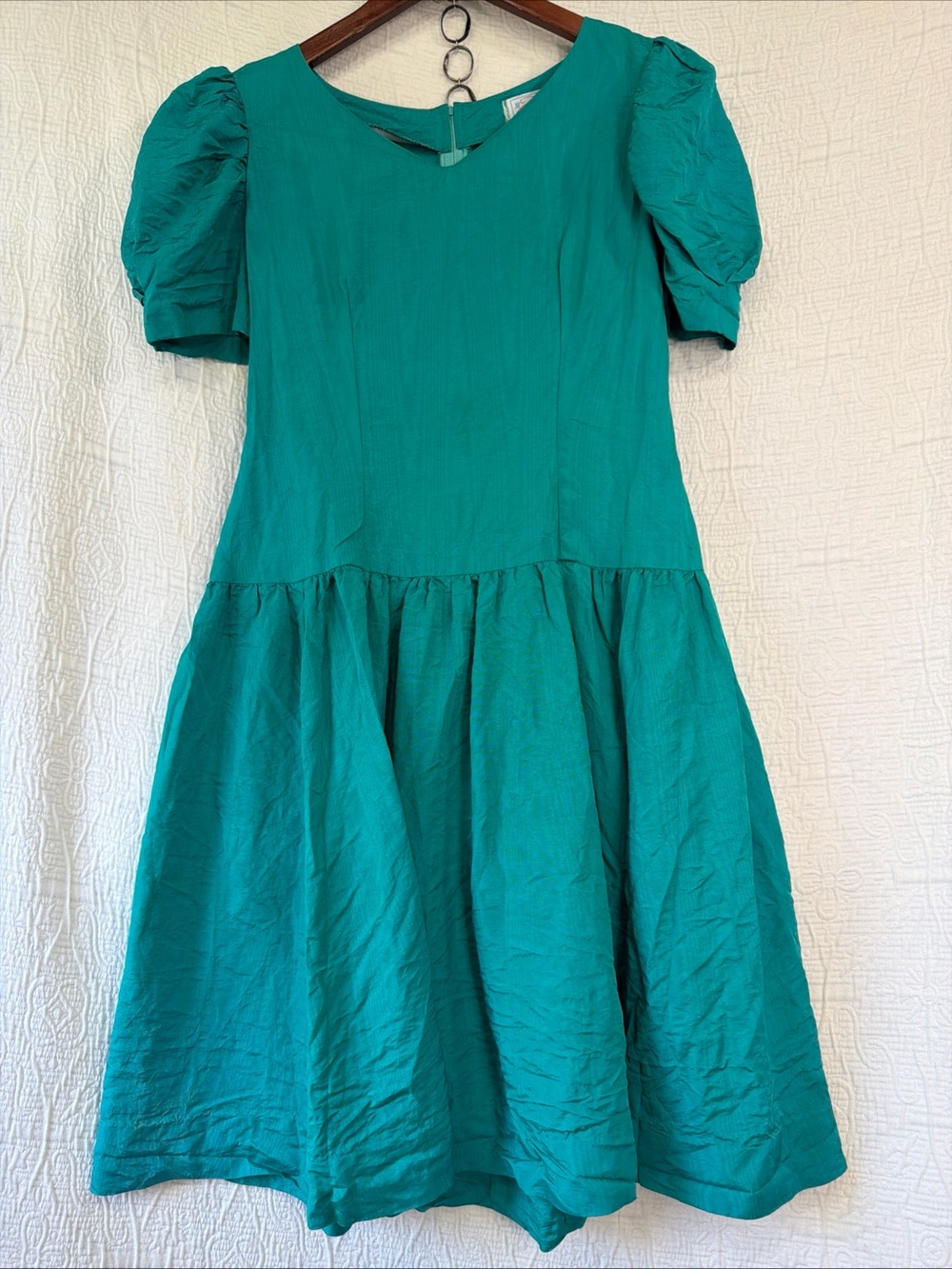 Vintage Homemade Dress by Helen Teal Puff Sleeve Drop Waist Prom Party Bow Back